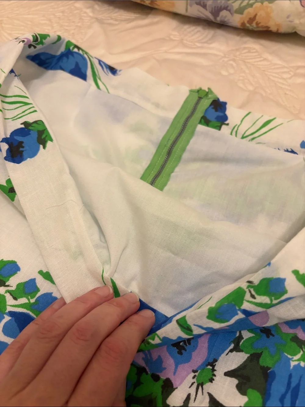 Floral A-Line Skirt in White with Blue and Green Print